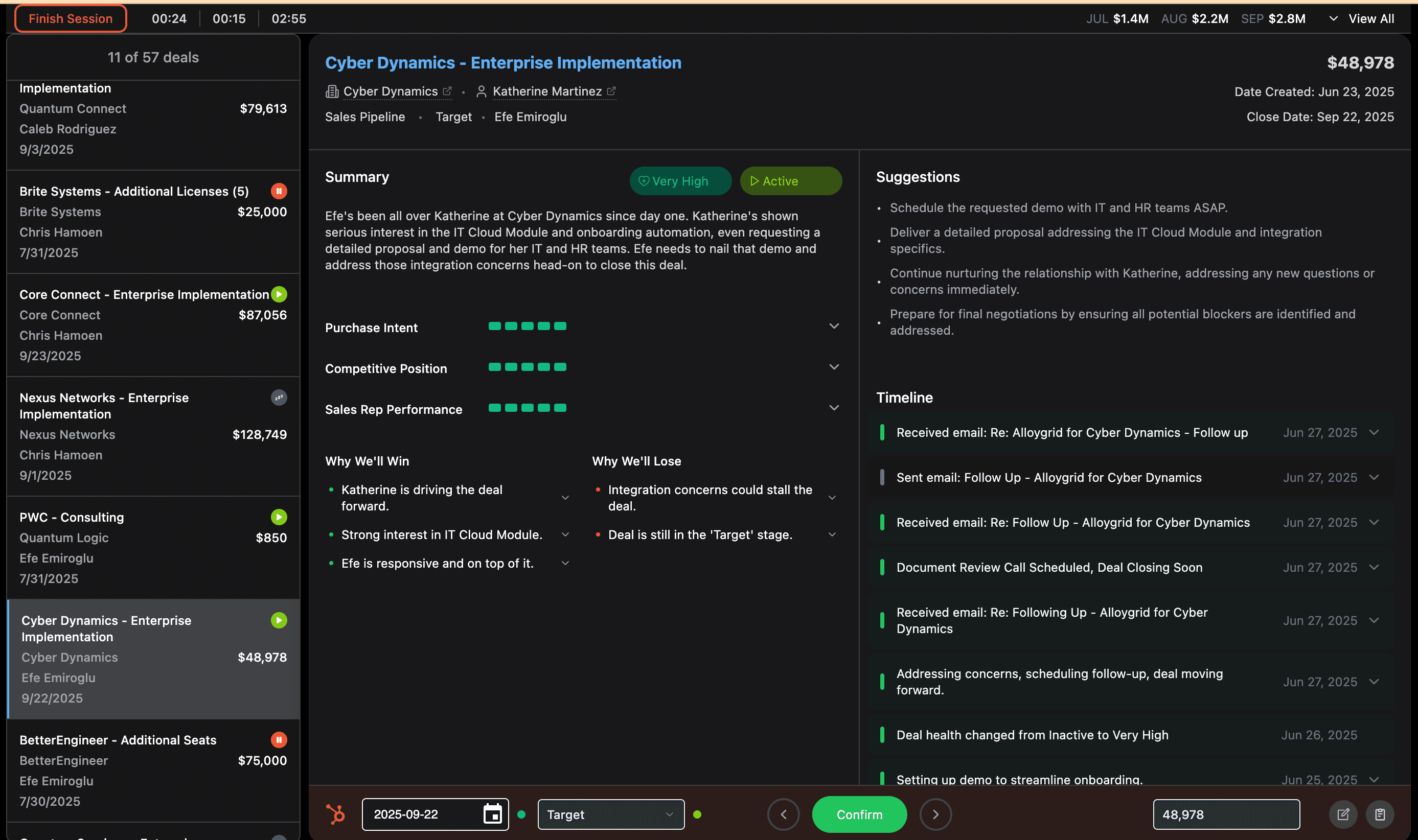New Data Parrot Deal Pulse Mode showing three-column layout with AI insights