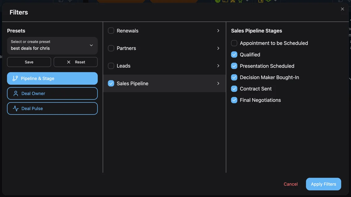 Filtering by Deal Stage